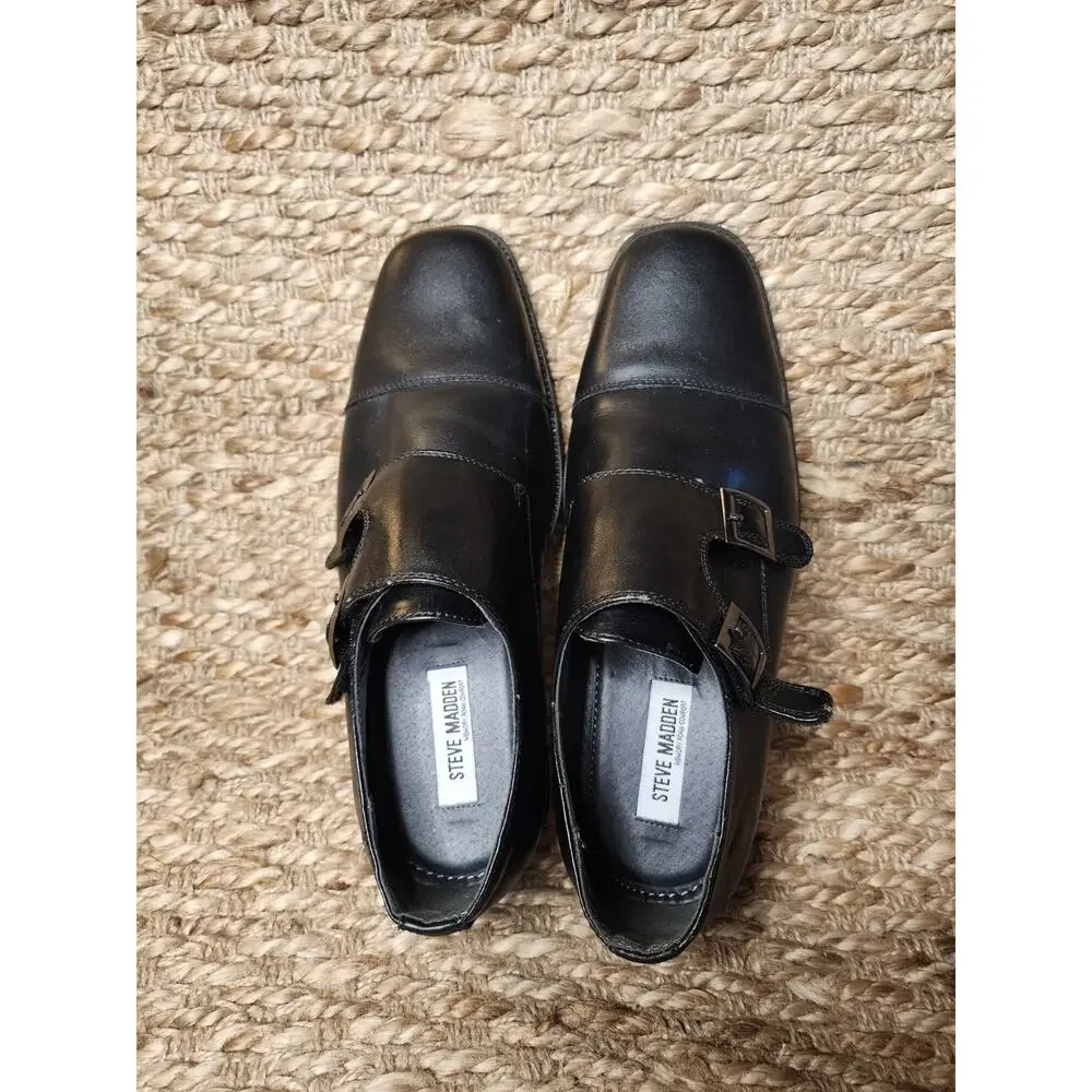 Steve Madden Men’s Double Monk Strap Black Leather Dress Shoes Size 7
